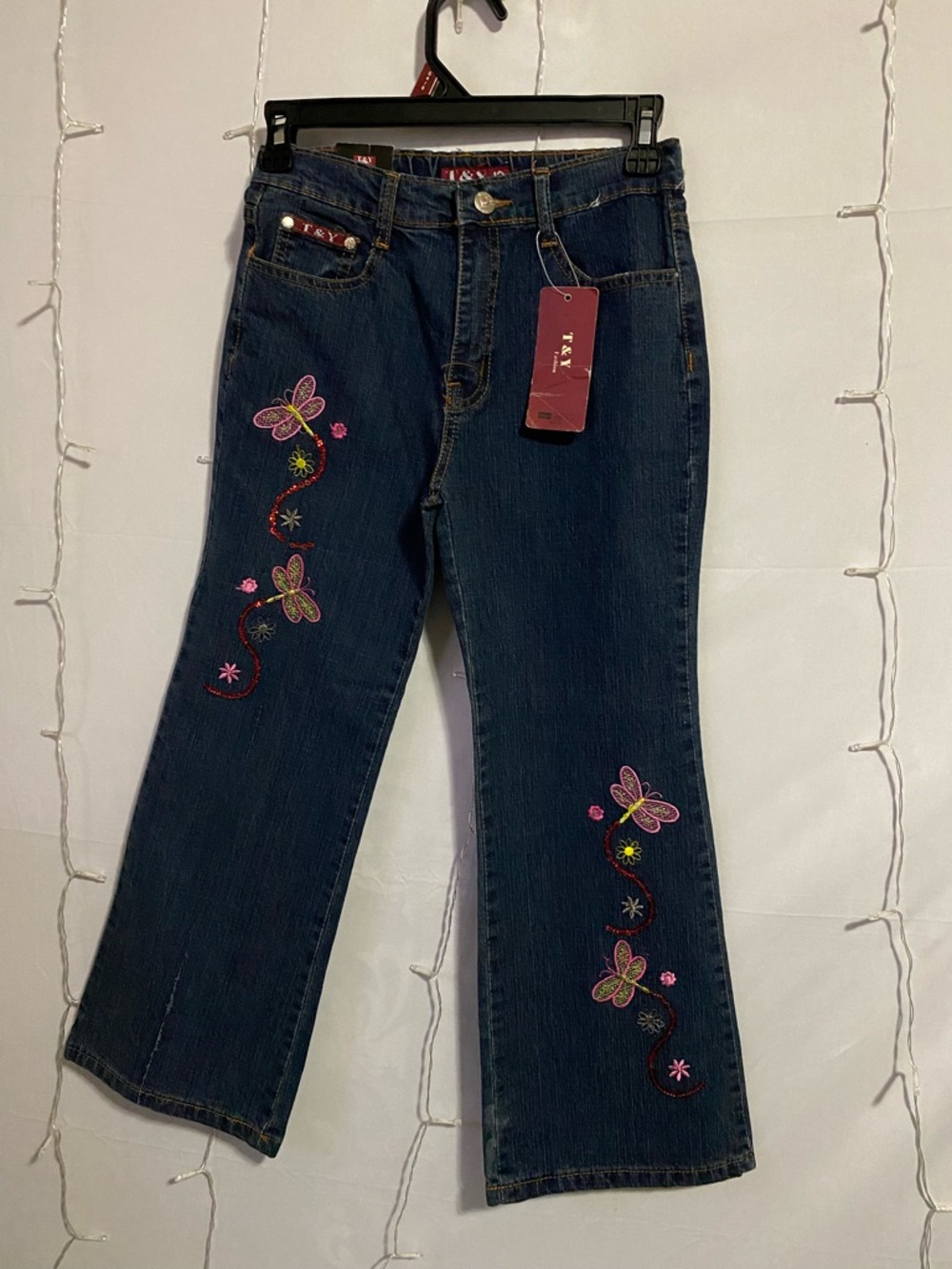 Girls' Dark Blue Embroidered Dragonfly Jeans -